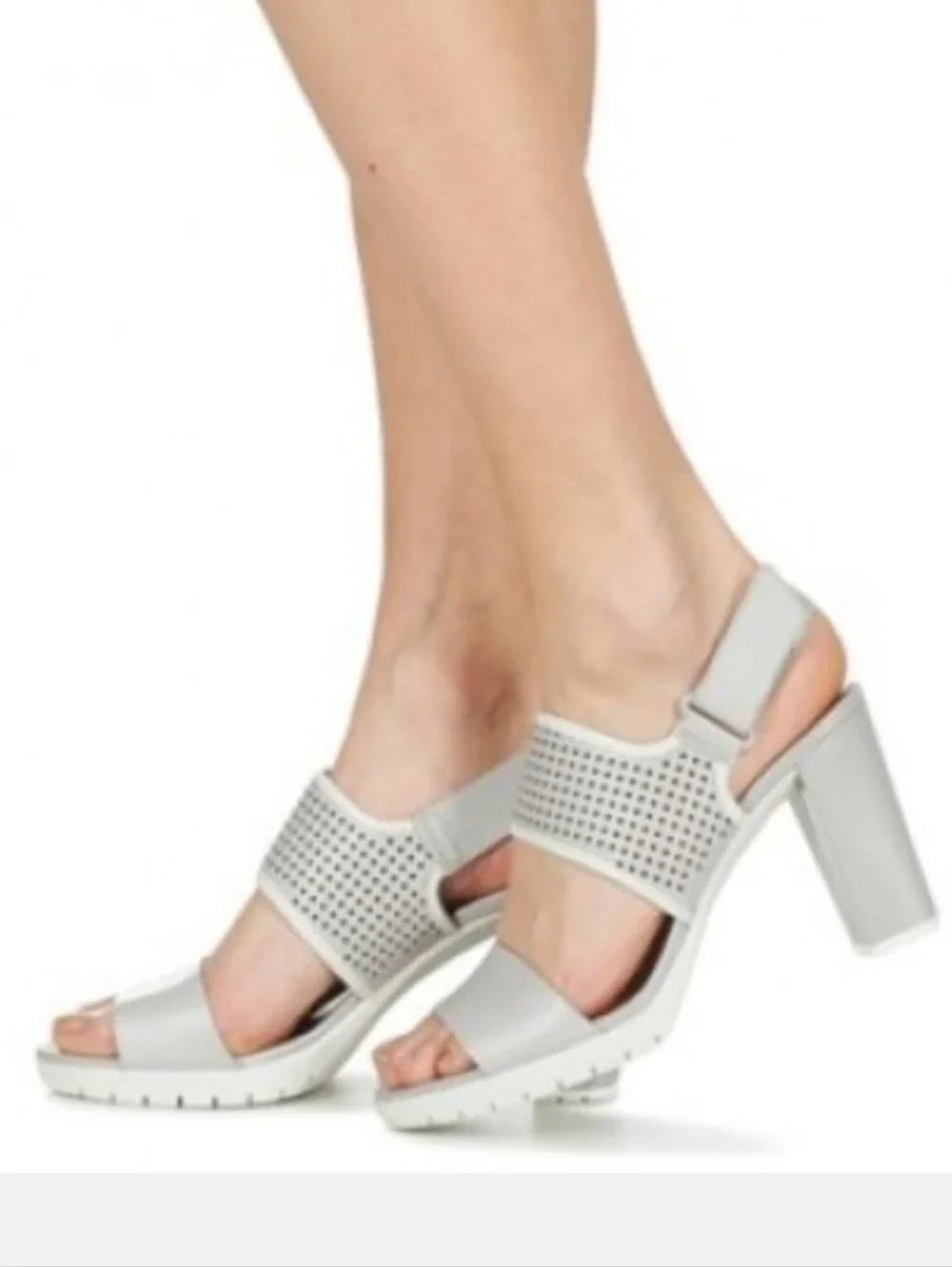 CLARKS Pastina Malory Light Gray Leather Block High Heel Slingback Sandals 7